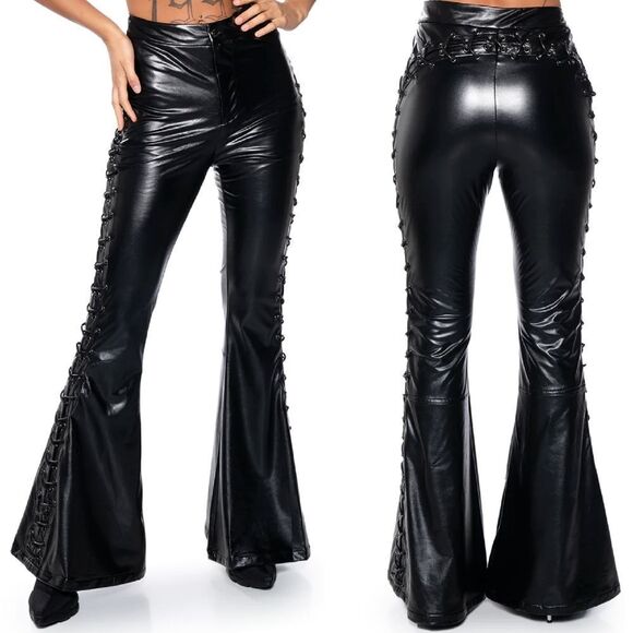 AKIRA Black Perfect Control Faux Leather Lace Up Flare Pants LG *NO OFFERS* - Picture 10 of 16